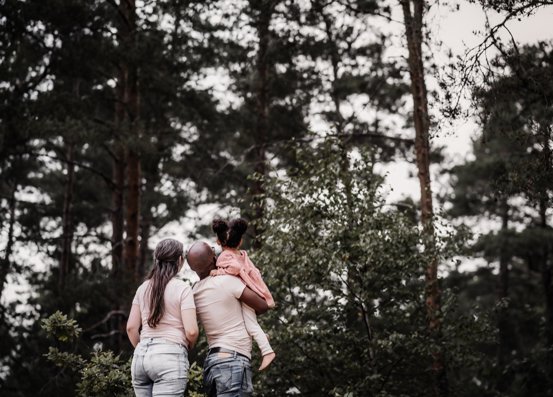 Mama und Papa mit kleinem Kind auf dem Arm stehen weggewandt im Wald und schauen nach oben