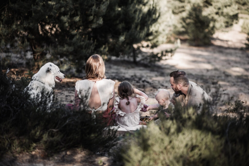 Familie von hinten auf bei einem Picknick auf den Sanddünen am fränkischen Dünenweg. Mama, Papa, zwei kleine Kinder und 2 Hunde ruhen sich entspannt aus.